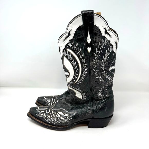 J.B. Dillon Black White Goat Leather Cowgirl Boots 6 Wings Cross Mexico Western - Picture 2 of 12